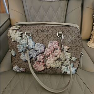 Calvin Klein Brown Monogram Floral Shoulder Bag with Multicolor Accents
